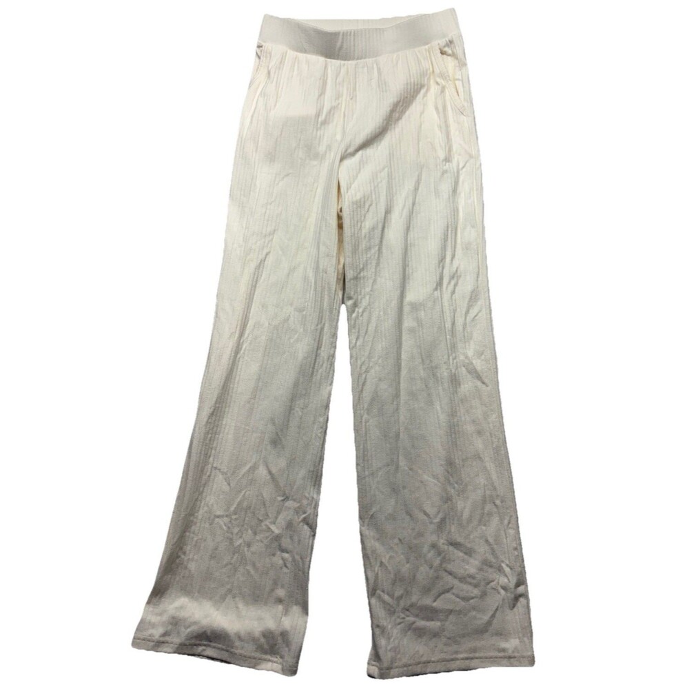 Old Navy Lounge Pants Women Size M Tall Ribbed Wide Leg Cream EUC Pockets